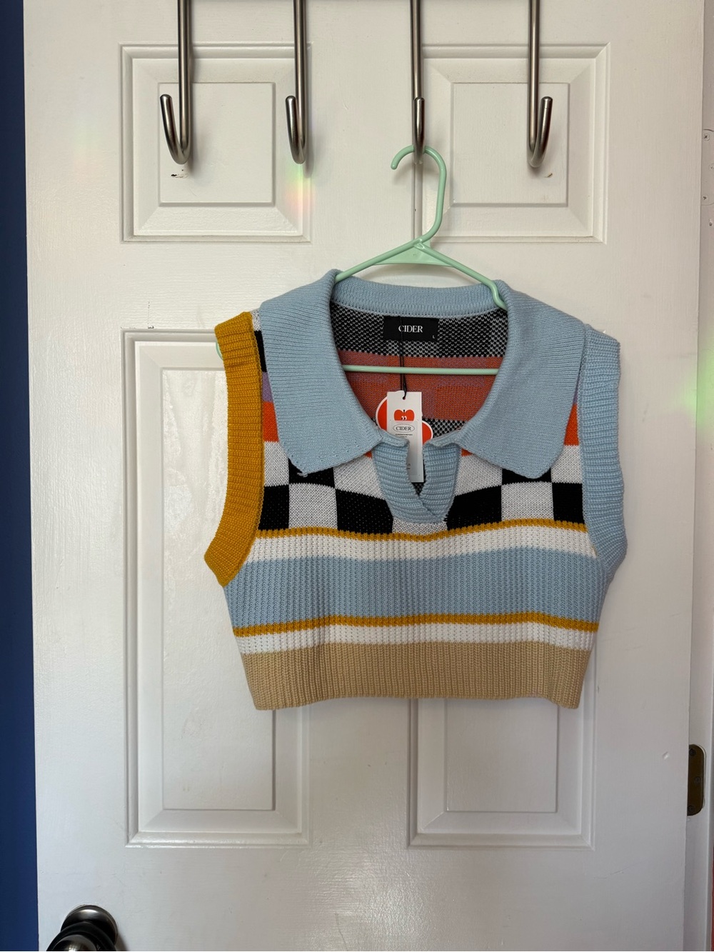 Cider Sleeveless Knit Polo Sweater Vest in Light Blue and Multi